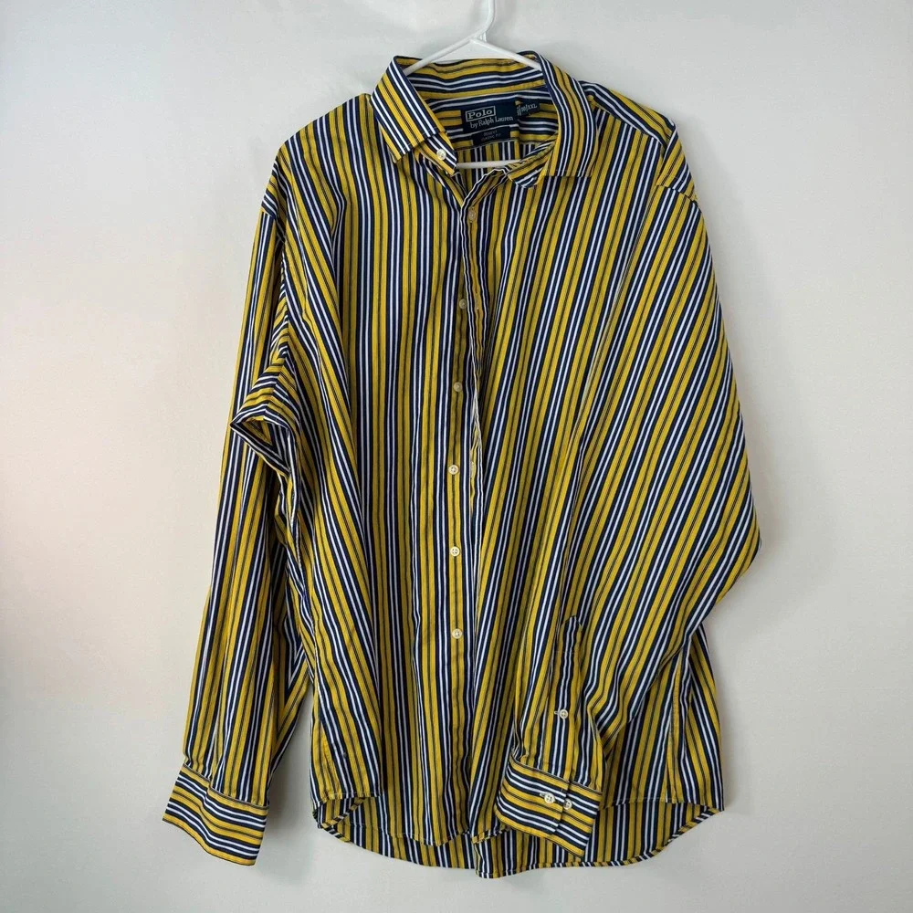 Polo Ralph Lauren Regent Classic Fit Strip Shirt Men XXL Yellow Navy Blue Cotton